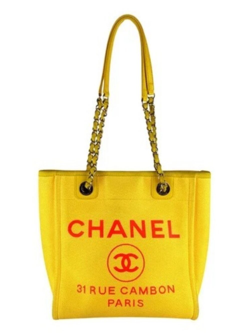 Auth CHANEL Deauville PM Handbag Yellow/Pink/Silver Canvas/Metal - z10339